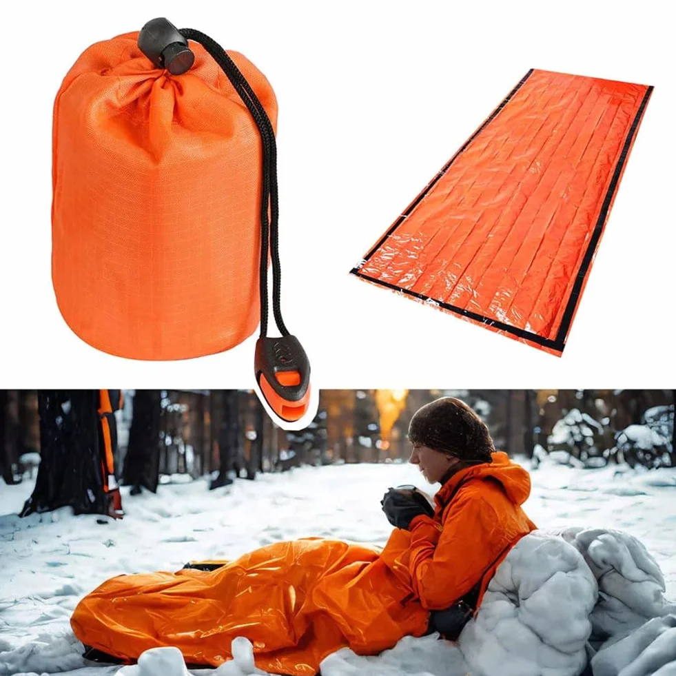 Sacco a Pelo di Sopravvivenza Riutilizzabile con Braccialetto Coperta Isolamento Termico Primo Soccorso Outdoor