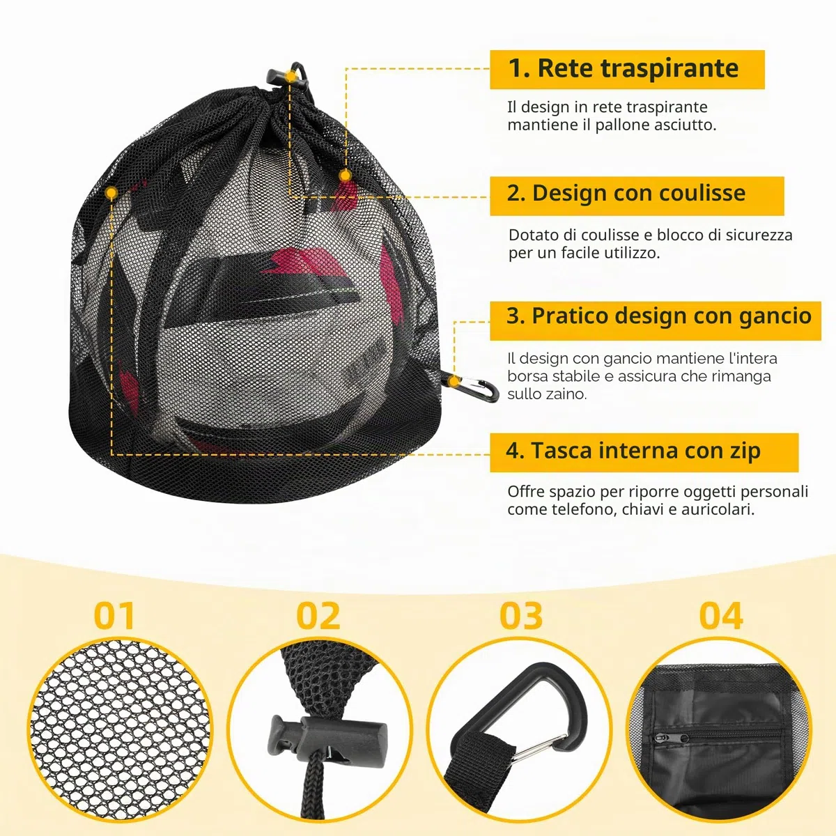 Windfromort Borsa Basket 16L - Rete per 1 Pallone - Borsa da Basket Accessori - Ballnetz Pieghevole con Tasca con Cerniera e Moschettone