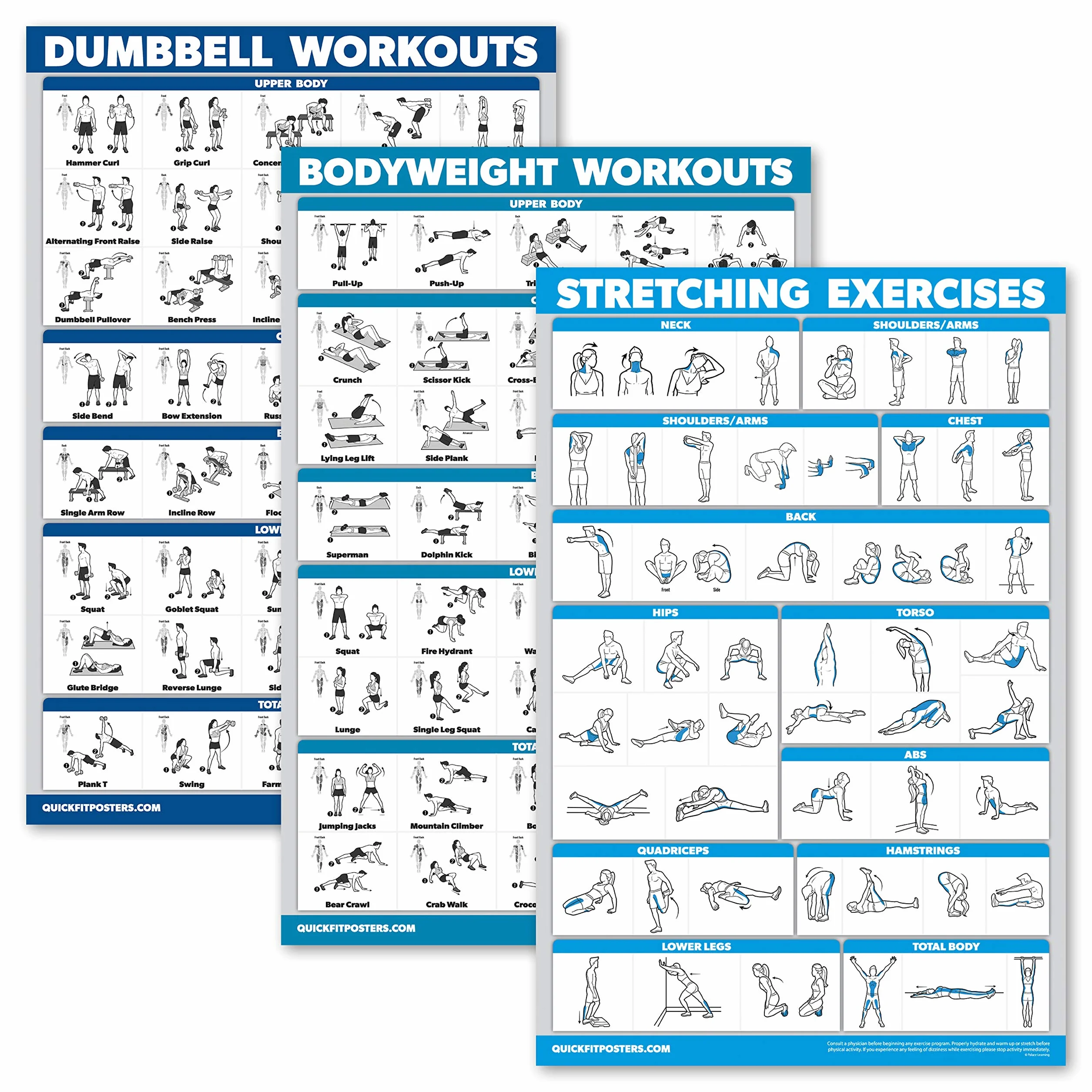 QUICKFIT Set di 3 tabelle per allenamento con manubri + esercizi a corpo libero + poster di routine di stretching – Set di 3 tabelle di allenamento (laminate, 45,7 x 68,6 cm)