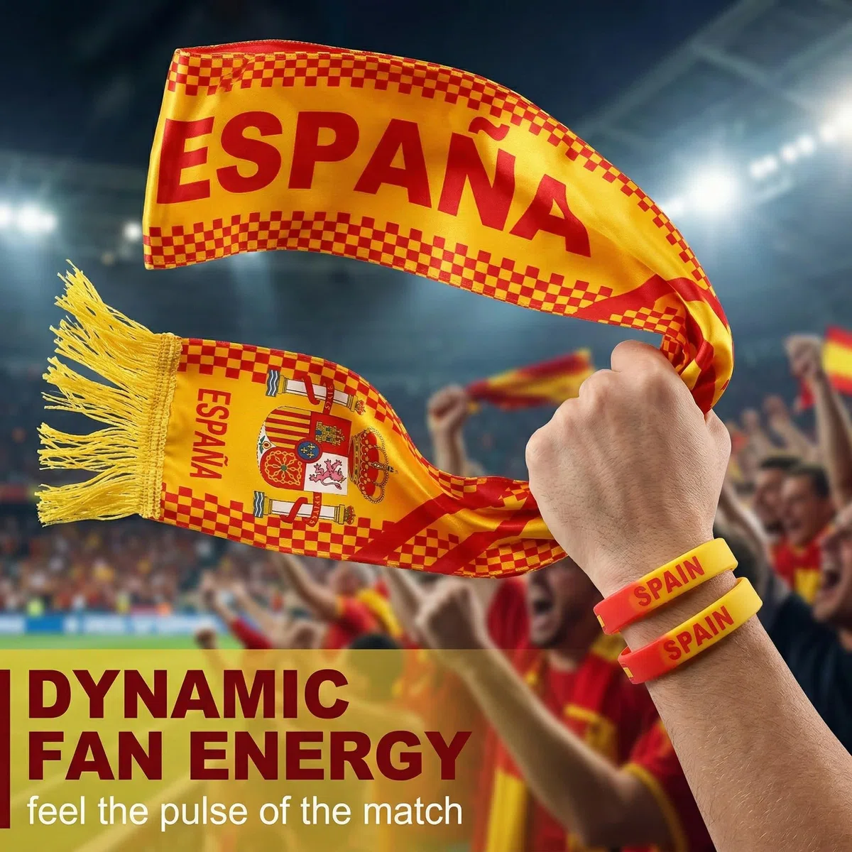 Sciarpa Spagna e 2 Bracciali in Silicone per Tifosi di Calcio, Kit Accessori Stadio Rosso e Giallo, Gadget Sportivi per Partite e Competizioni Nazionali, Idea Regalo per Appassionati