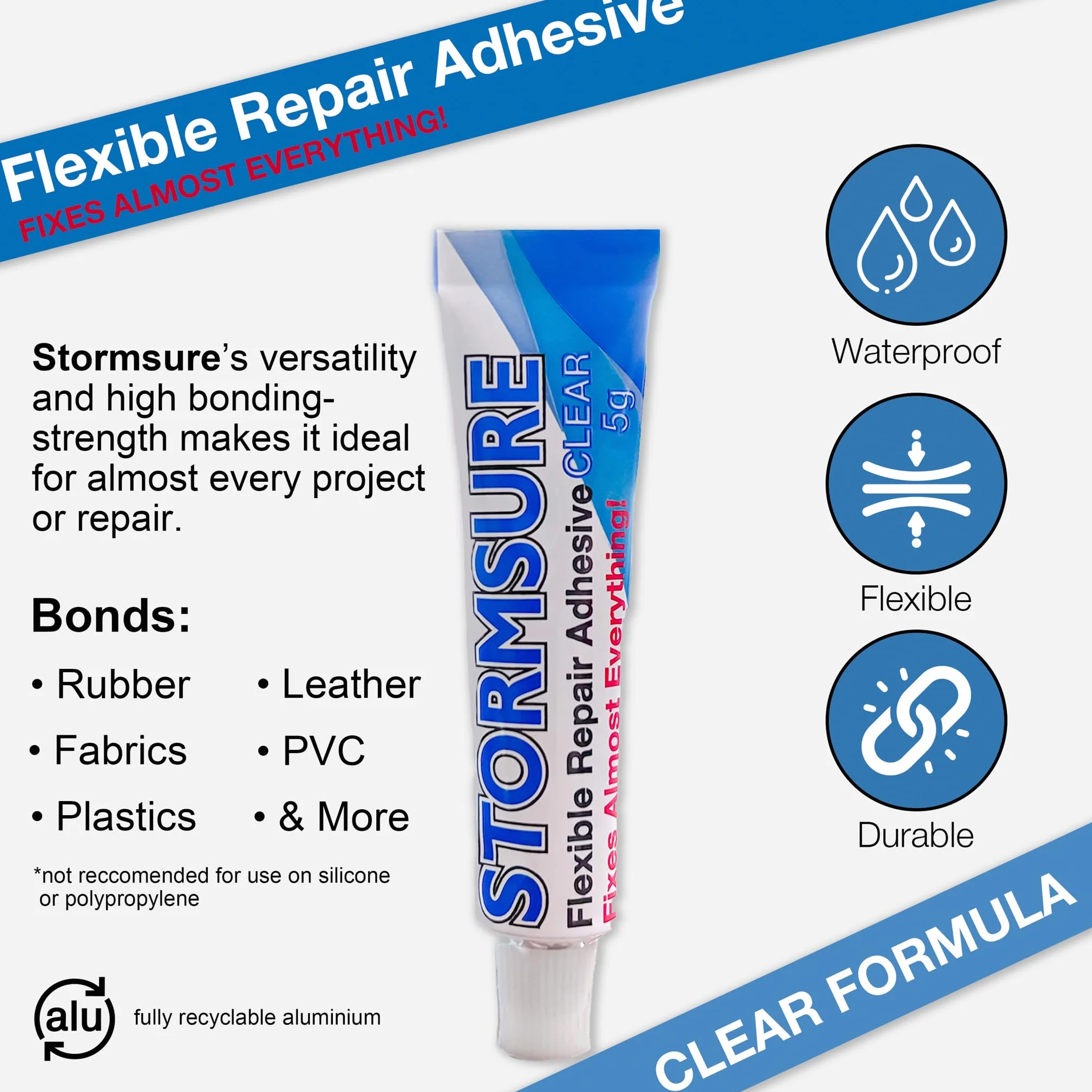Adesivo di riparazione flessibile Stormsure: 3 x 5 g di colla trasparente - Ideale per gommoni, kayak, canoe e riparazioni in PVC