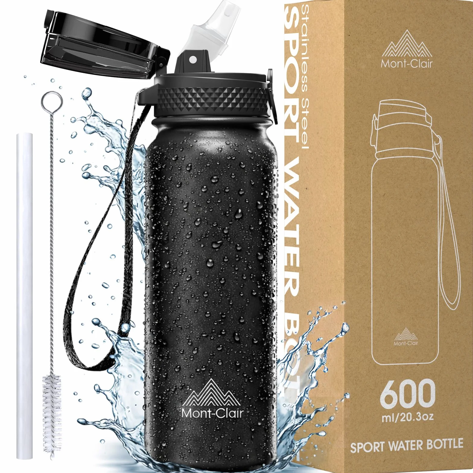 Mont-Clair Borraccia in Acciaio Inossidabile 600ml con Cannuccia - Senza BPA - Bottiglie d'Acqua per Bici Campeggio Sport - Nero