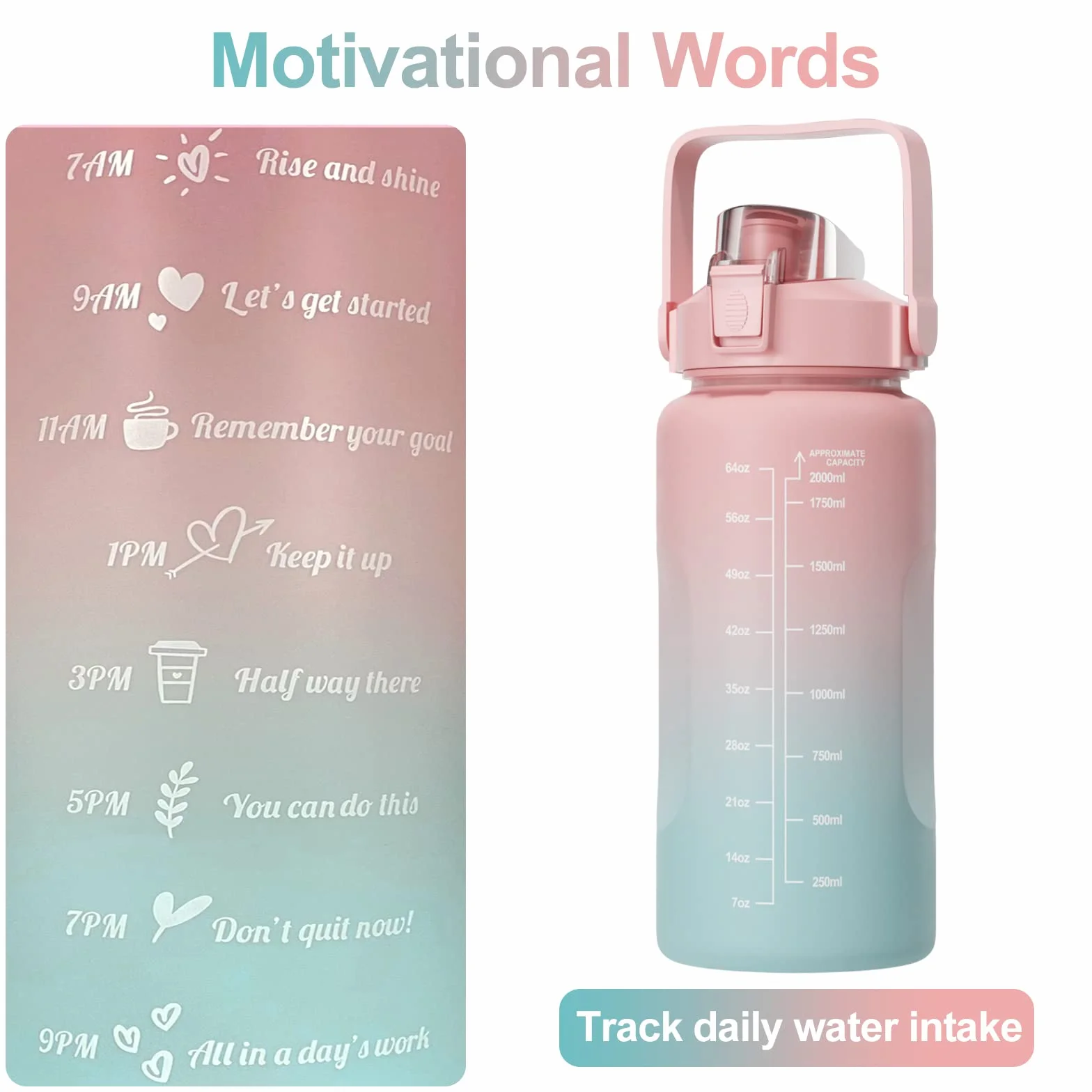 Borraccia con Cannuccia 2 Litro Sportiva Senza BPA, Indici di Ispirazione, Alto Volume, per Yoga Palestra Campeggio (Rosa)