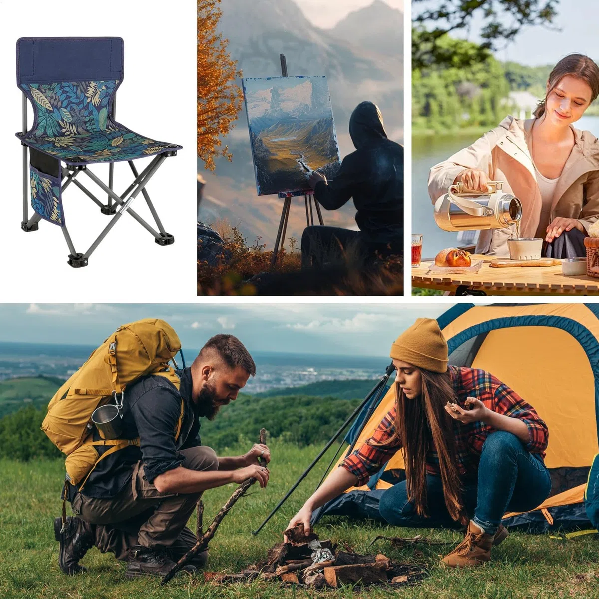 Sedia pieghevole da esterno, sedia da campeggio portatile, Sedia da campeggio portatile Mobili da esterno, Sedia zaino con supporto tascabile laterale 286 libbre per avventure all'aria aperta, viaggi,