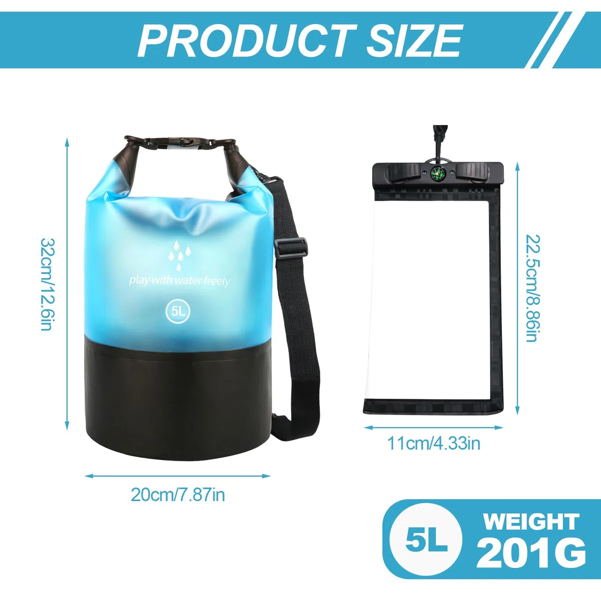 Dry Bag, Borsa Sacca Zaino Impermeabile Waterproof, chiusura a rotolo e tracolla, e custodia impermeabile per cellulare per Mare Barca Pesca Rafting Spiaggia Sport Acquatici (Blu, 5l)
