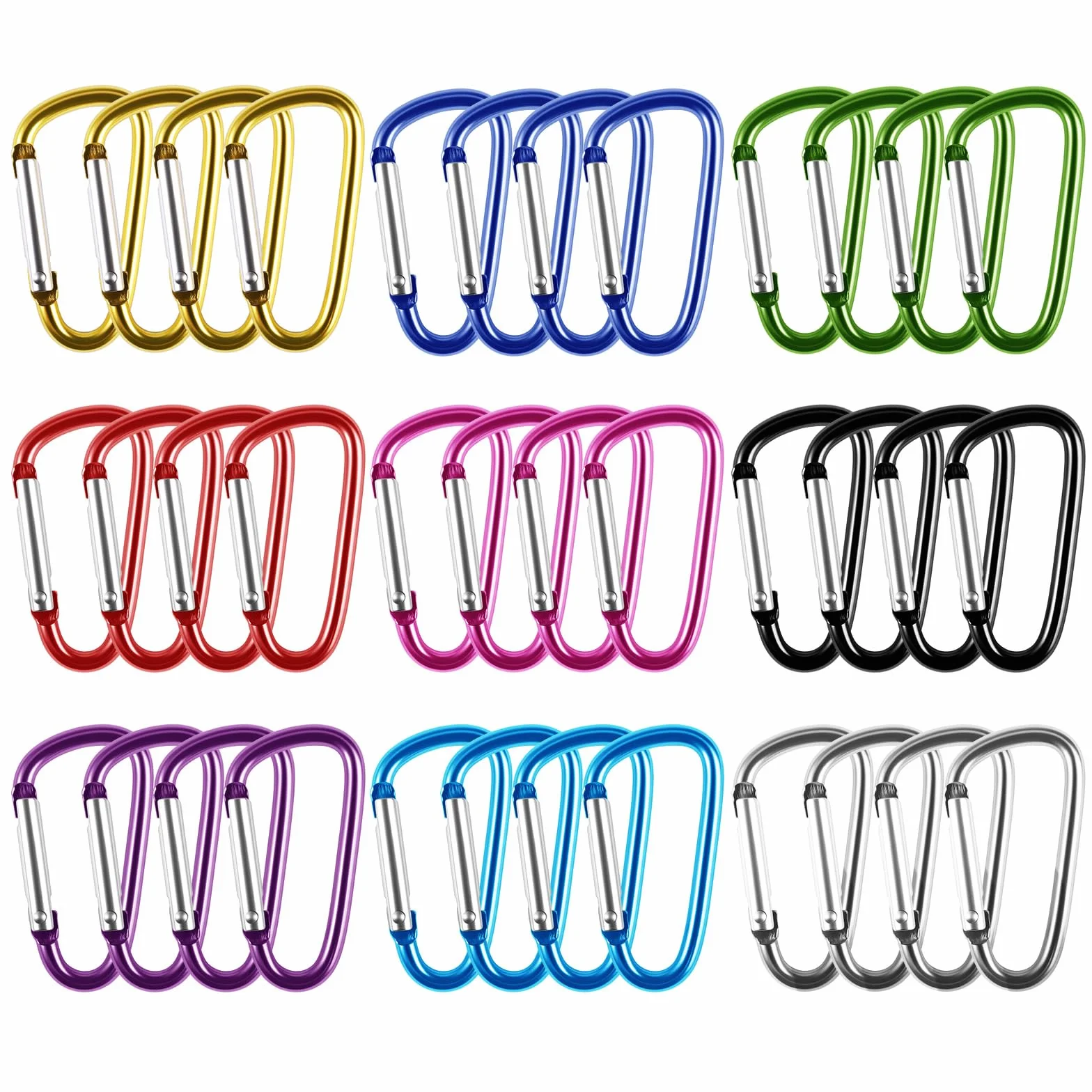 Mini Moschettone Portachiavi in Alluminio Forma a D, 36 Pezzi, 9 Colori, 3,7 x 46,5mm per Esterno Campeggio Pesca