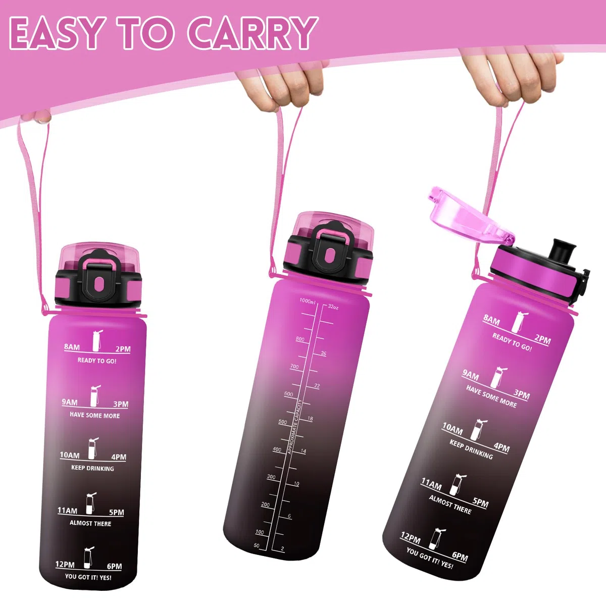 Motswedi Borraccia 1 Litro, Borraccia Palestra, a Prova di Perdite Bottiglia acqua, Include Spugna di Pulizia, Motivazionale Bottiglia Plastica 1l, per Palestra, Escursionismo, Ciclismo, Viola & Nero