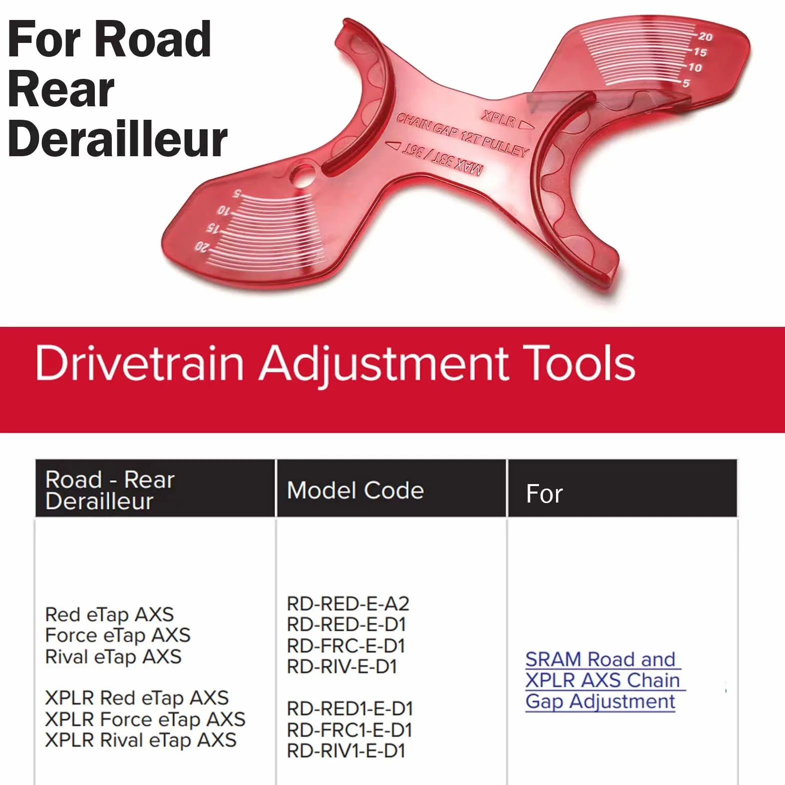 Attrezzo di regolazione della distanza tra le catene per deragliatore posteriore SRAM Road e XPLR AXS Road, calibro regolabile per tutti gli SRAM ETAP AXS 26-44.