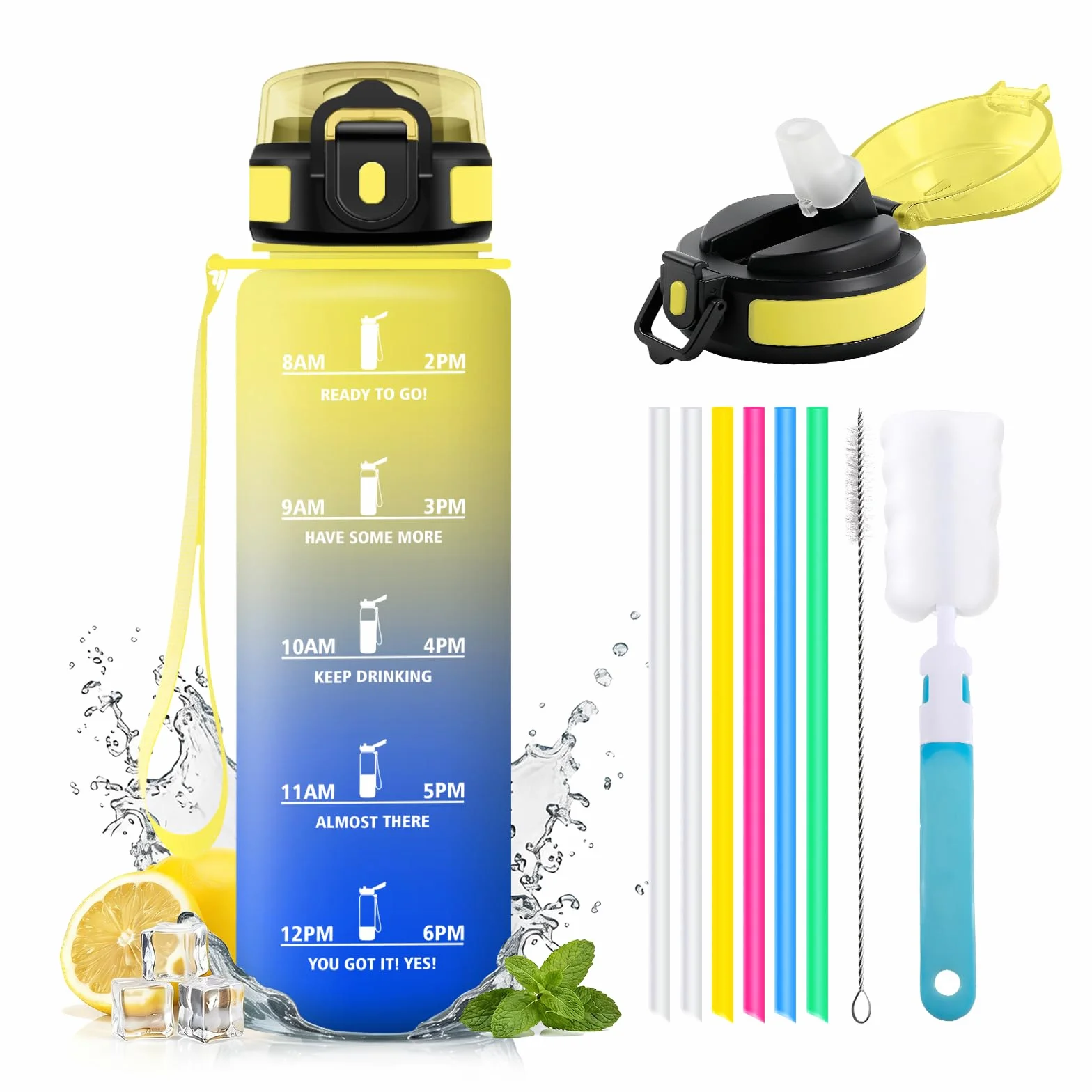 Borraccia Sportiva 1L con Cannuccia a Prova di Perdite, Bottiglia Acqua con Indicatore del Tempo per Scuola Ufficio Palestra