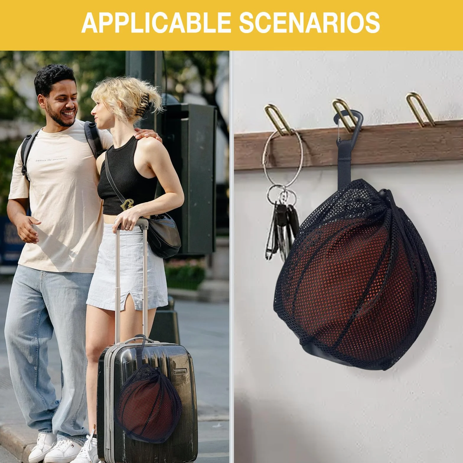 Zaino Rete Porta Palloni, 1 Sacca con Tasca a Zip, Materiale Mesh Traspirante, con Moschettone e Cordino Regolabile per Pallacanestro, Calcio, Pallavolo e Rugby