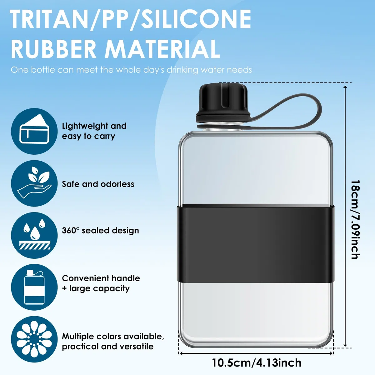 Borraccia piatta da 500 ml, con manico, a prova di perdite, sottile, per viaggi, attività all'aperto, sport, ciclismo, lavoro, scuola (nero)