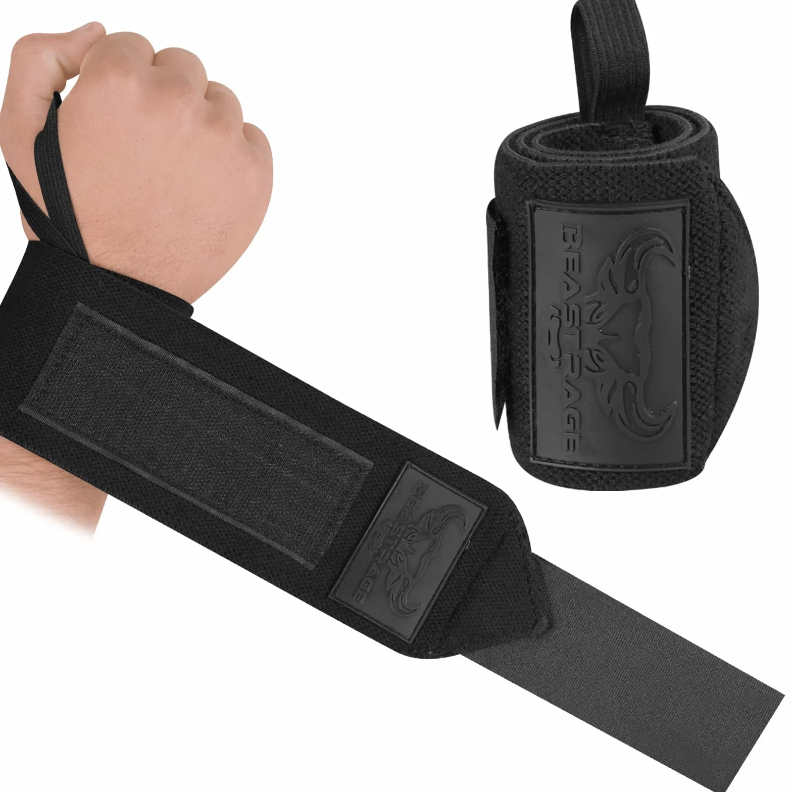 BEAST RAGE Polsiere per Sollevamento Pesi, per Sollevamento Pesi, Fitness, Allenamento, Palestra, Supporto per Pollice, Fascia Elastica in Cotone per Allenamento (Nero Pieno)