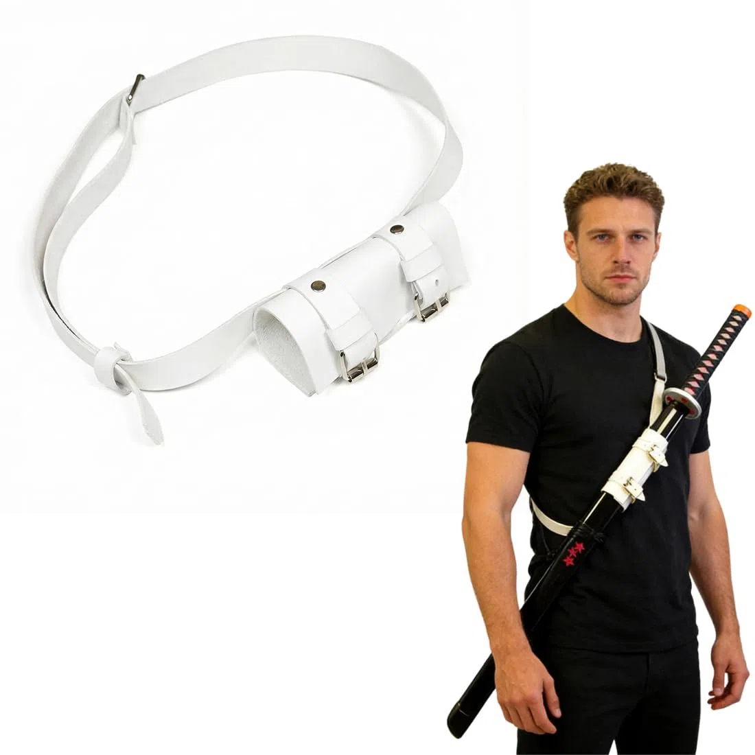 1er-Pack Porta Katana con Cinturino in Pelle – Robusta Pelle per Un Trasporto Comodo – Accessorio Perfetto per Fan di Cosplay e Samurai – Must-Have per Ogni Appassionato di Samurai (Bianco)