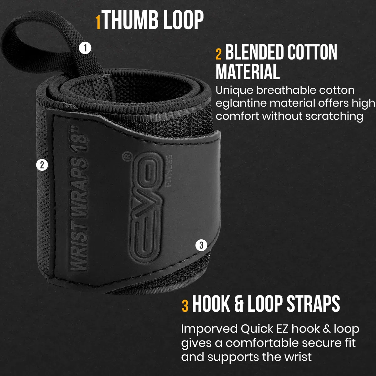 EVO Fitness Polsiere Palestra 45 Cm Nero Profondo Polsini Palestra Cotone Elasticizzato Powerlifting Fasce Palestra Bodybuilding Polsiere Crossfit Allenamento Uomini Donne
