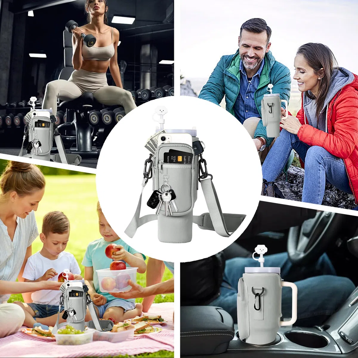 Porta Bottiglia d'Acqua per Stanley Cup 40oz, Stanley Cup Accessori,con Scomparto per Cellulare e Portachiavi Tracolla Regolabile Cup Accessori per Escursioni Viaggi Campeggio