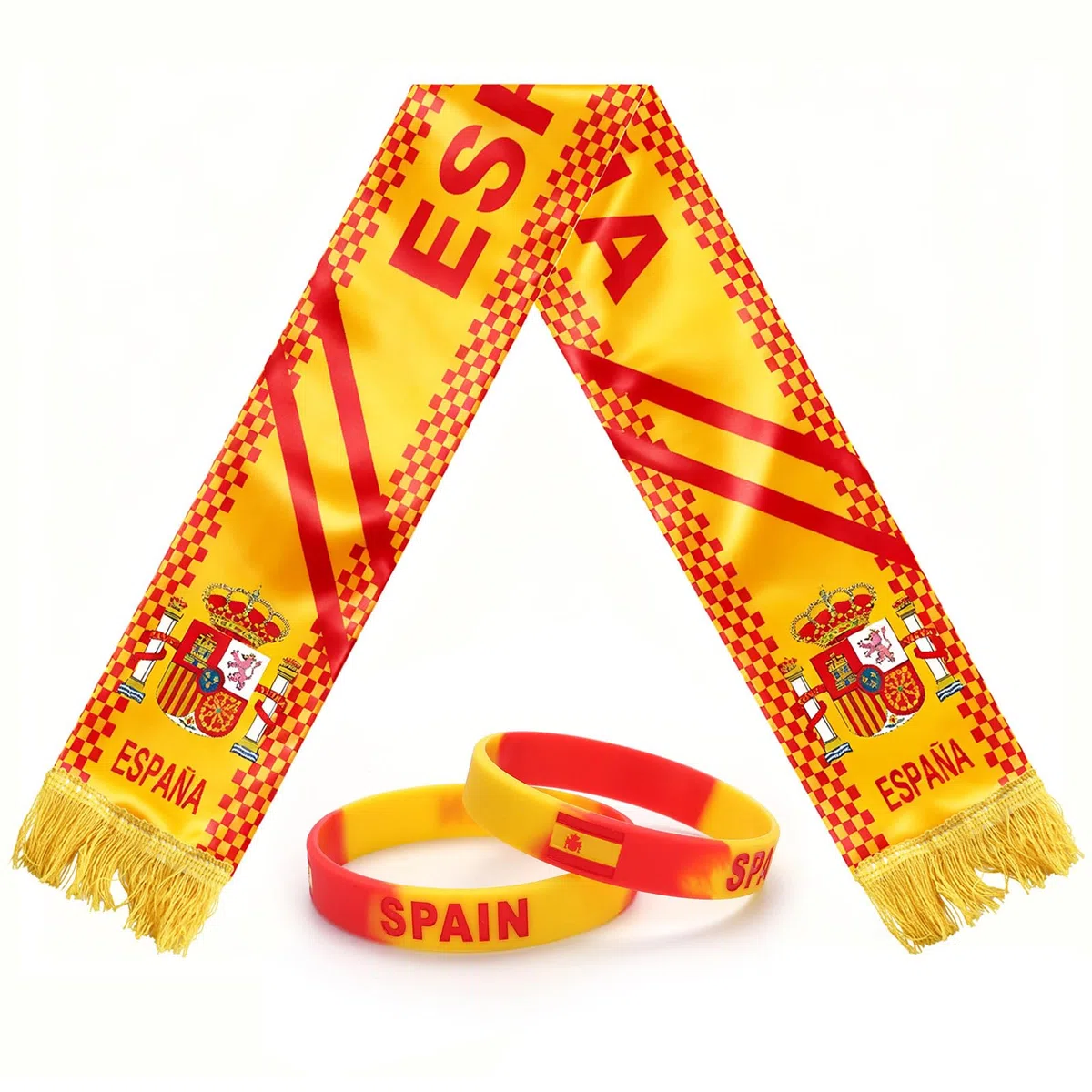 Sciarpa Spagna e 2 Bracciali in Silicone per Tifosi di Calcio, Kit Accessori Stadio Rosso e Giallo, Gadget Sportivi per Partite e Competizioni Nazionali, Idea Regalo per Appassionati