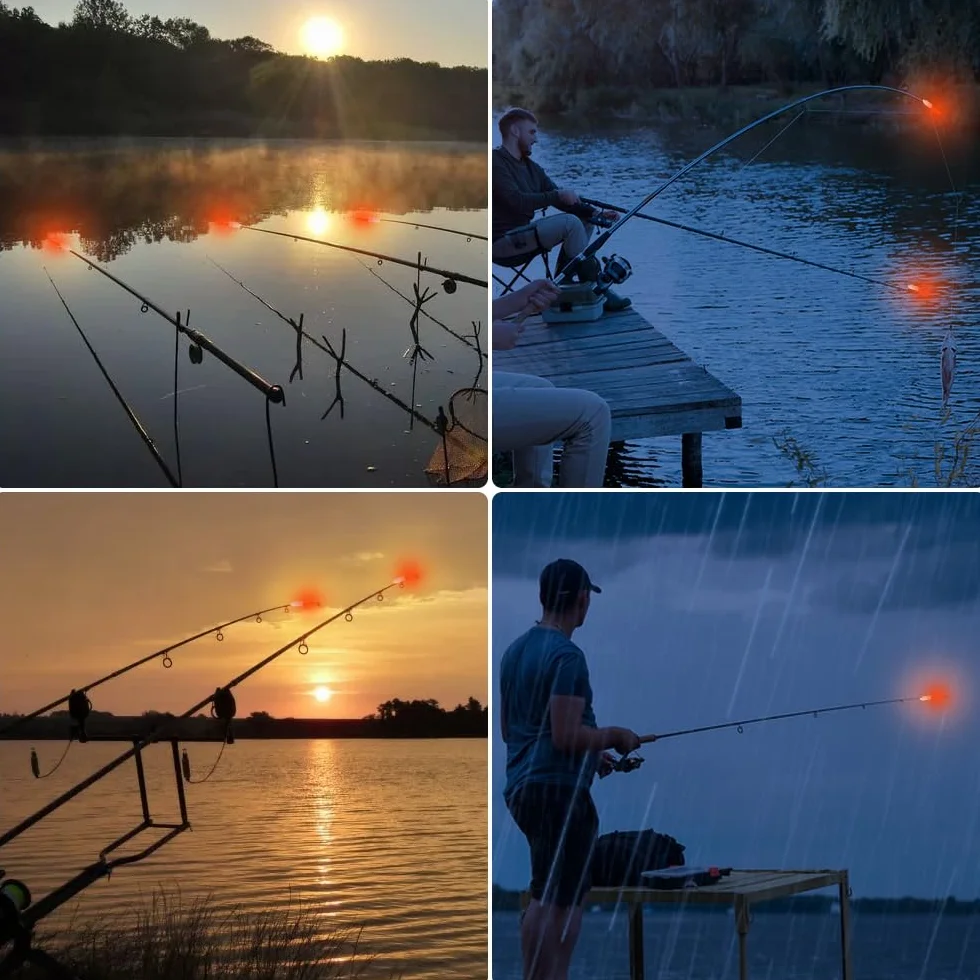 5pcs Campana di Allarme di Pesca, LED Bastoncini Luminosi Impermeabili con Fibbia Impermeabili luci a Punta di Canna da Pesca Notturna con Batteria Inclusa per la Pesca in Mare, Rosso